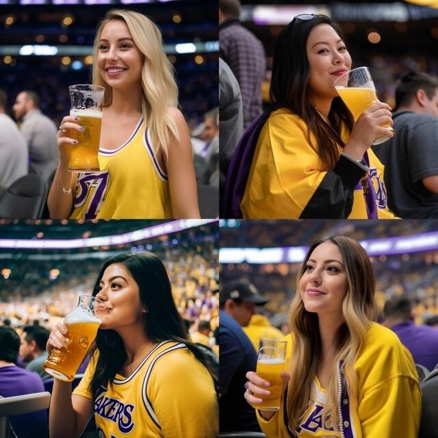 These are computer generated images. We know AI is revolutionary. But how can you harness it for marketing? To generate these photos, we asked for: "Female fan at Lakers game drinking a beer."
Midjourney is a program that generates custom images based on what you tell it. From a marketing perspective, you can now create images that are specifically tailored to your brand, message, and target audience.
Not only does AI save time and resources by automating the image creation process, but it also allows for greater flexibility and customization. You can quickly generate variations of an image or test different designs to optimize performance and drive conversions.
The possibilities are endless. π