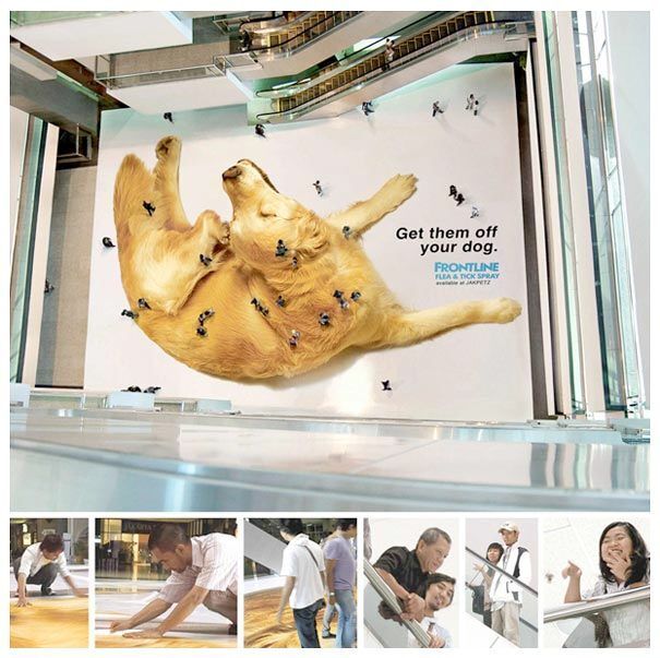 Take a closer look at this fascinating birds-eye-view of a shopping mall floor. 👀

The advertisement cleverly incorporates the movement of people to create the effect of a group of "fleas" in action. This innovative approach relies on the dynamic interaction between the advertisement and the shoppers to deliver a highly effective marketing message.

Frontline nailed it with this one. 🙌🏼