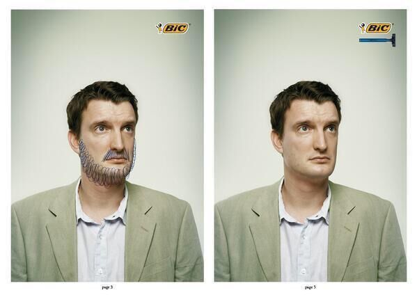 Why only advertise for one product when you can advertise for 2?

This super effective & straightfoward ad from Bic combines two of their well known & iconic products. One half is advertising their pens, the other advertising their razors.

A creative & clever way to combine the two seemingly unrelated products into one cohesive ad.