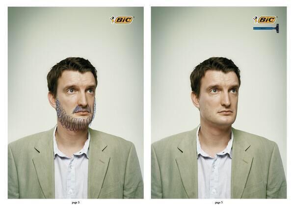 Why only advertise for one product when you can advertise for 2?
This super effective & straightfoward ad from Bic combines two of their well known & iconic products. One half is advertising their pens, the other advertising their razors.
A creative & clever way to combine the two seemingly unrelated products into one cohesive ad.